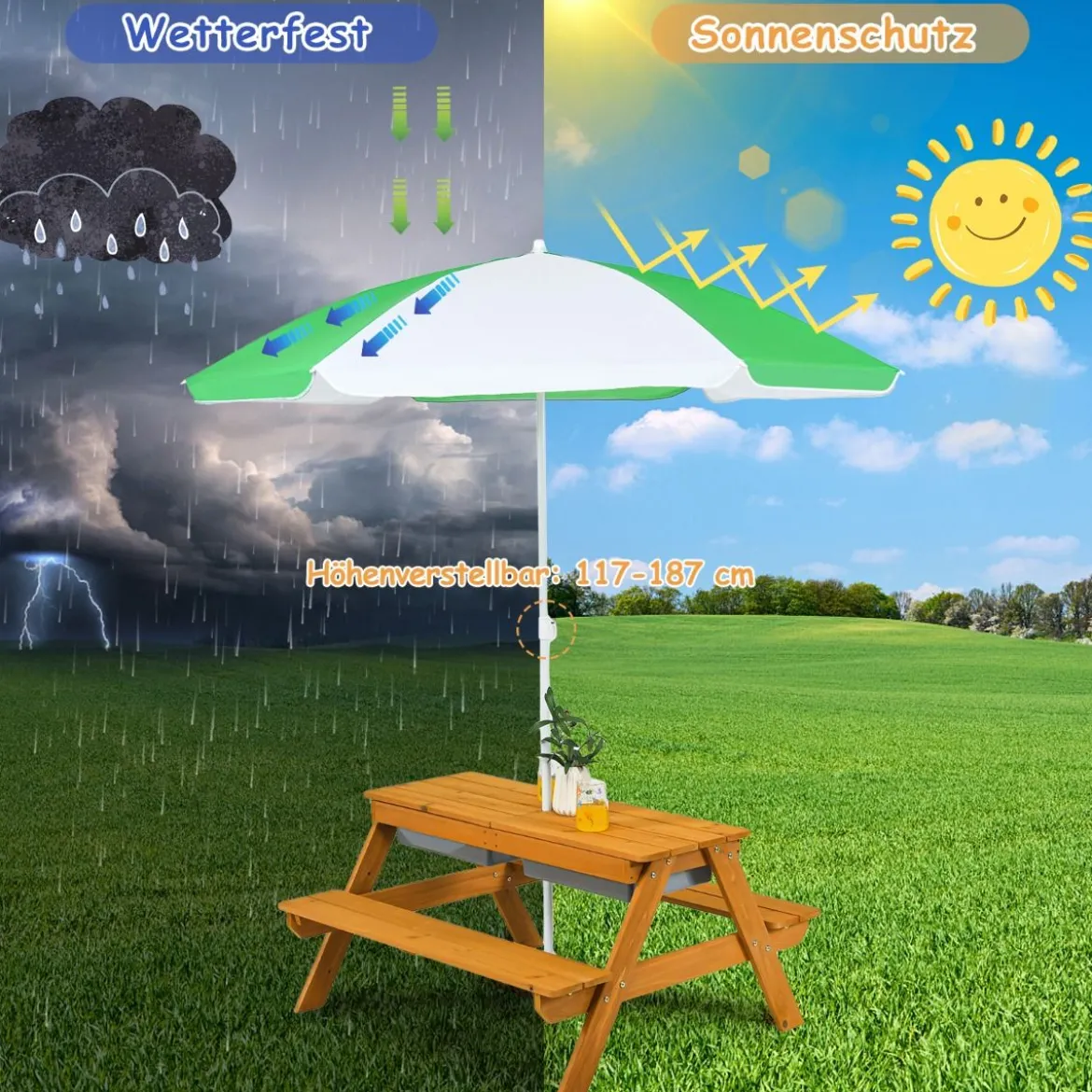 3-in-1 Picknicktisch für den Außenbereich Wasser & Sandtisch mit Spielboxen & Schirm Grün und Weiß