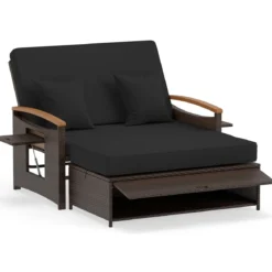 3 in 1 Rattan Lounge Möbel Set Doppelliege Tagesbett mit Liegefunktion 2 Sitzer & Hocker