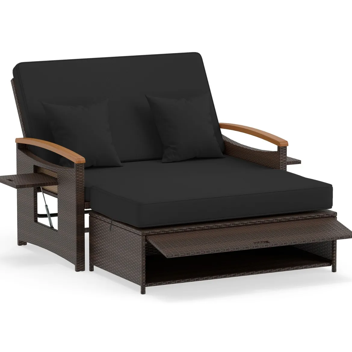 3 in 1 Rattan Lounge Möbel Set Doppelliege Tagesbett mit Liegefunktion 2 Sitzer & Hocker