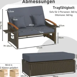 3 in 1 Rattan Lounge Möbel Set Doppelliege Tagesbett mit Liegefunktion 2 Sitzer & Hocker