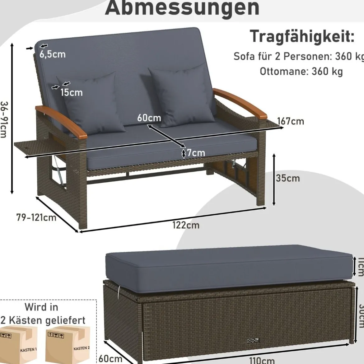 3 in 1 Rattan Lounge Möbel Set Doppelliege Tagesbett mit Liegefunktion 2 Sitzer & Hocker
