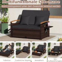 3 in 1 Rattan Lounge Möbel Set Doppelliege Tagesbett mit Liegefunktion 2 Sitzer & Hocker