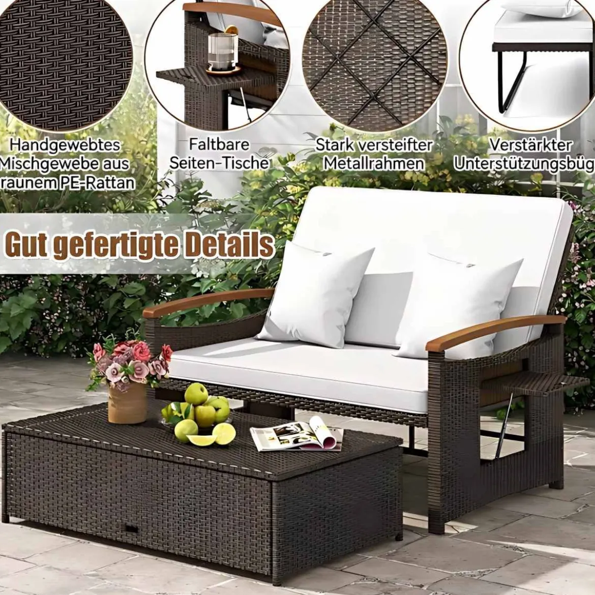 3 in 1 Rattan Lounge Möbel Set Doppelliege Tagesbett mit Liegefunktion 2 Sitzer & Hocker