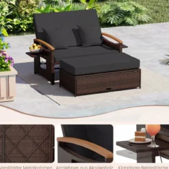 3 in 1 Rattan Lounge Möbel Set Doppelliege Tagesbett mit Liegefunktion 2 Sitzer & Hocker