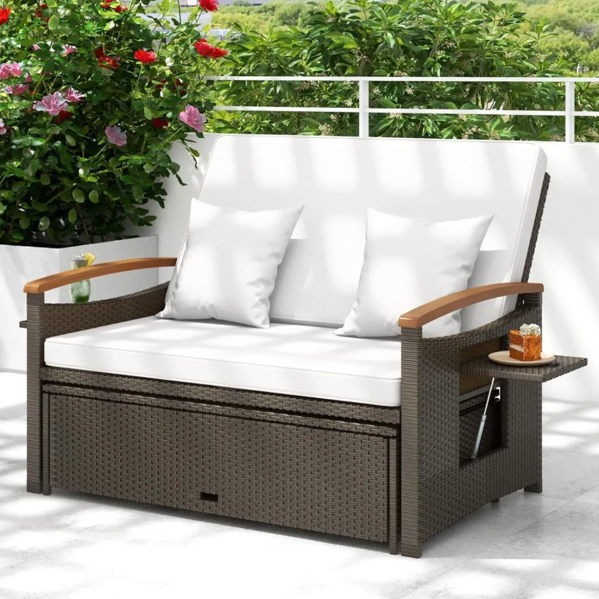 3 in 1 Rattan Lounge Möbel Set Doppelliege Tagesbett mit Liegefunktion 2 Sitzer & Hocker