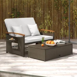 3 in 1 Rattan Lounge Möbel Set Doppelliege Tagesbett mit Liegefunktion 2 Sitzer & Hocker
