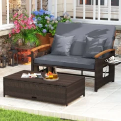 3 in 1 Rattan Lounge Möbel Set Doppelliege Tagesbett mit Liegefunktion 2 Sitzer & Hocker