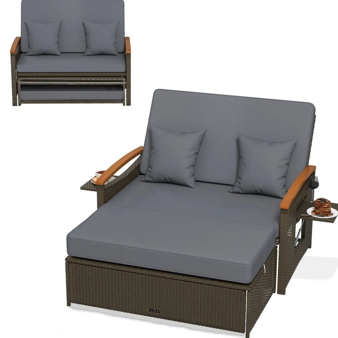 3 in 1 Rattan Lounge Möbel Set Doppelliege Tagesbett mit Liegefunktion 2 Sitzer & Hocker