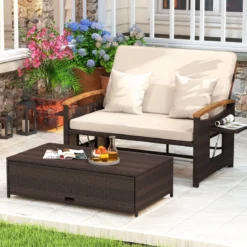 3 in 1 Rattan Lounge Möbel Set Doppelliege Tagesbett mit Liegefunktion 2 Sitzer & Hocker