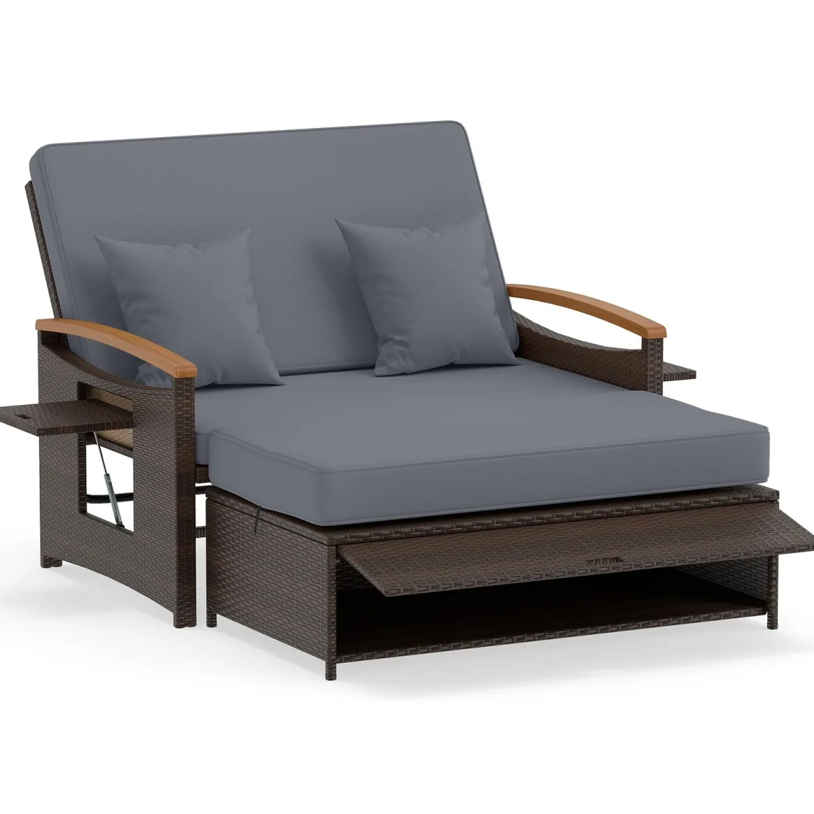 3 in 1 Rattan Lounge Möbel Set Doppelliege Tagesbett mit Liegefunktion 2 Sitzer & Hocker