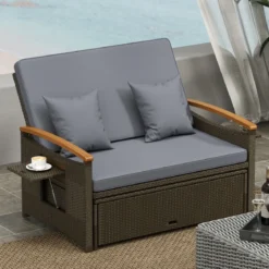 3 in 1 Rattan Lounge Möbel Set Doppelliege Tagesbett mit Liegefunktion 2 Sitzer & Hocker