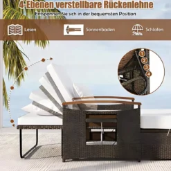 3 in 1 Rattan Lounge Möbel Set Doppelliege Tagesbett mit Liegefunktion 2 Sitzer & Hocker