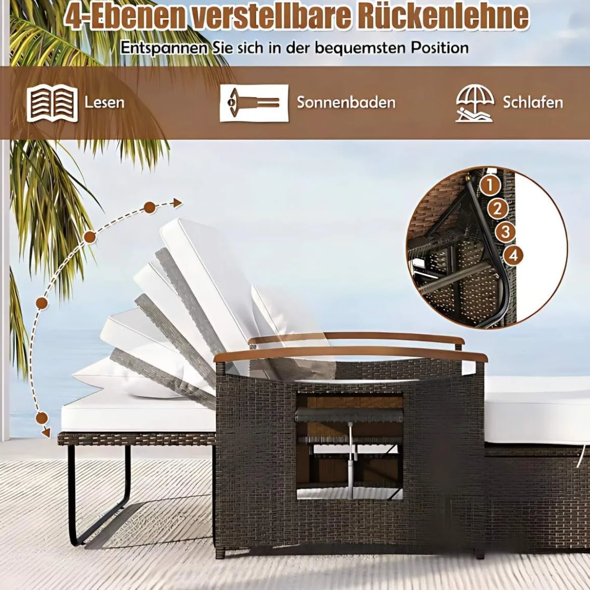 3 in 1 Rattan Lounge Möbel Set Doppelliege Tagesbett mit Liegefunktion 2 Sitzer & Hocker