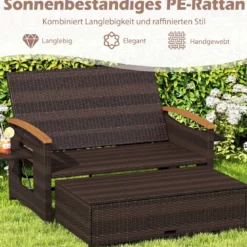 3 in 1 Rattan Lounge Möbel Set Doppelliege Tagesbett mit Liegefunktion 2 Sitzer & Hocker
