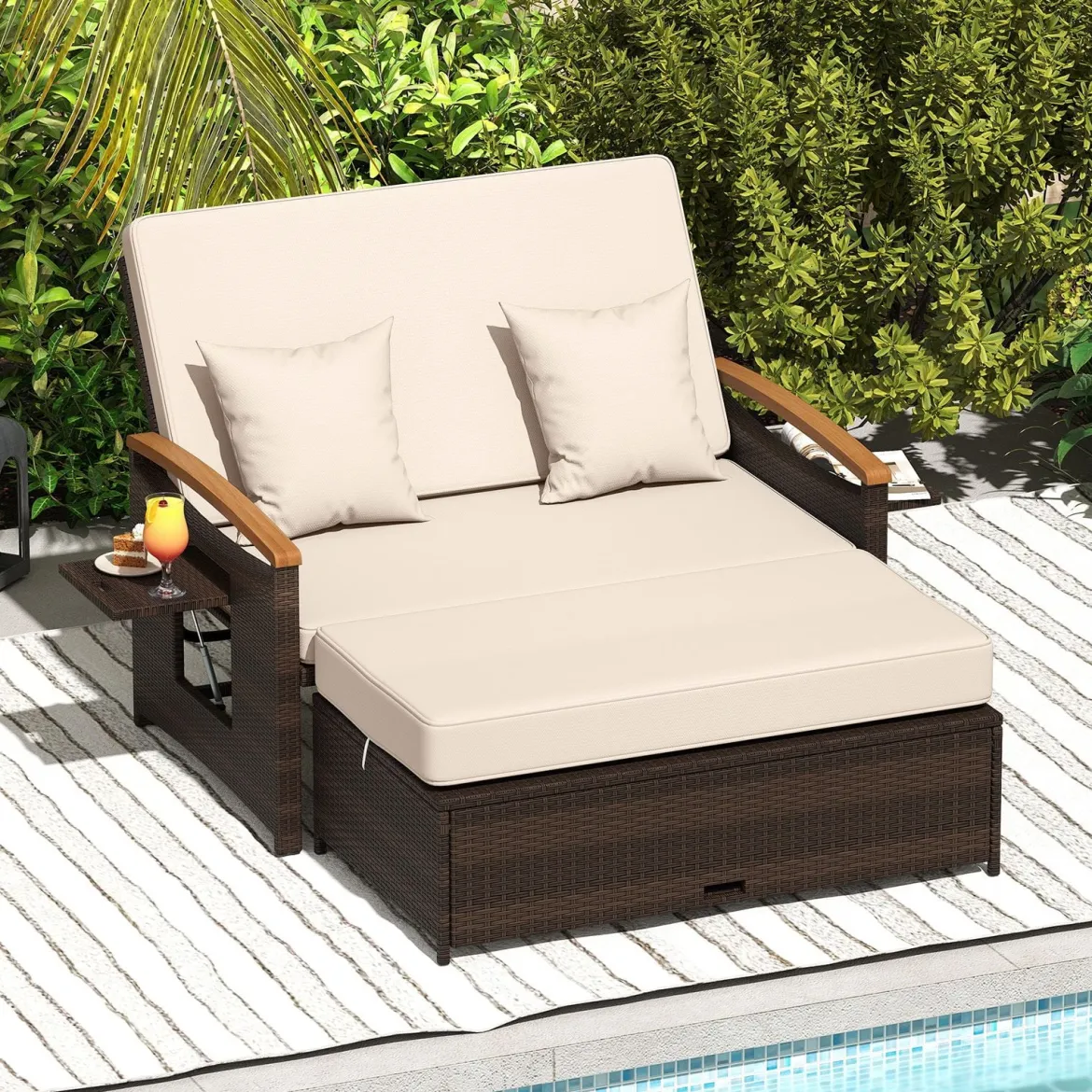3 in 1 Rattan Lounge Möbel Set Doppelliege Tagesbett mit Liegefunktion 2 Sitzer & Hocker
