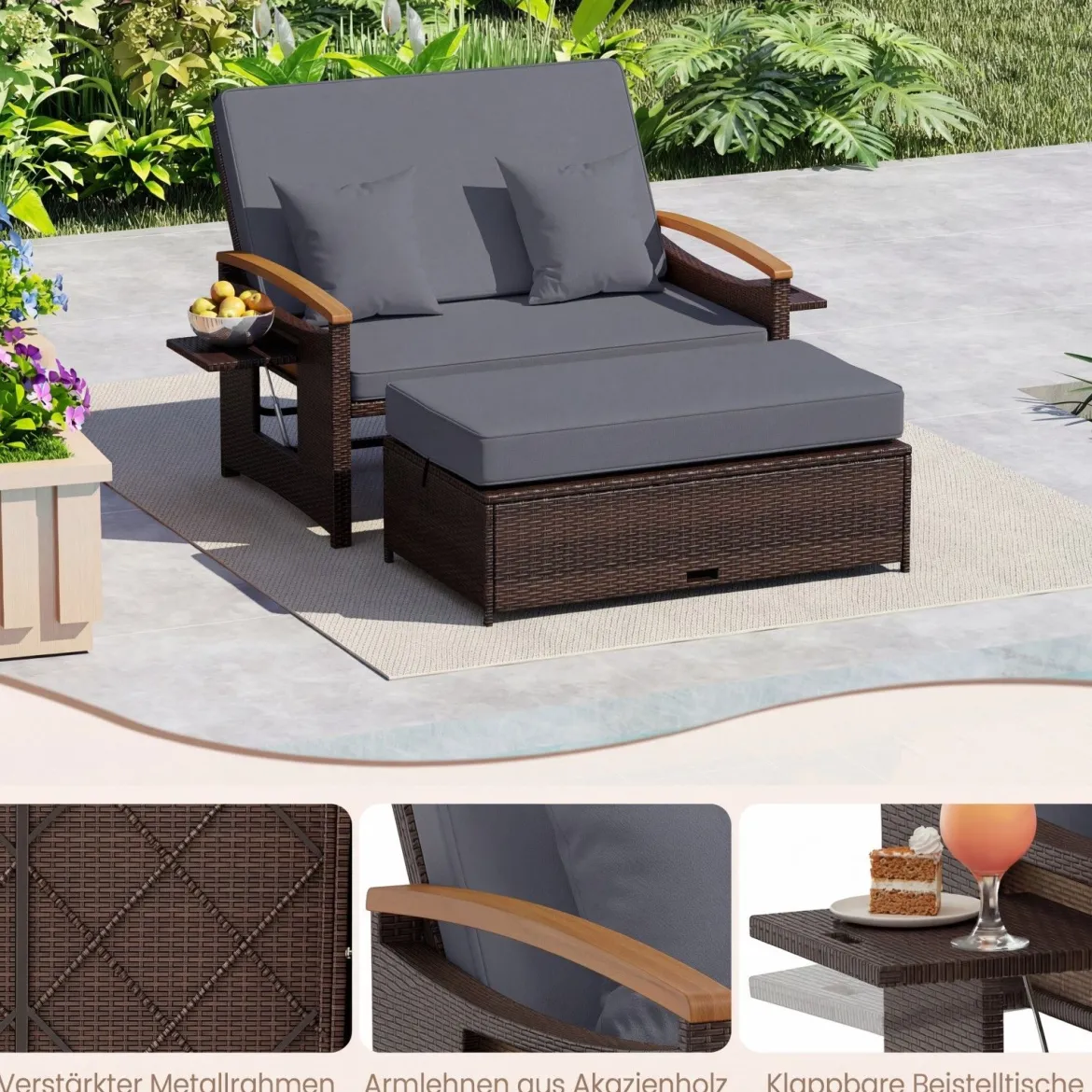 3 in 1 Rattan Lounge Möbel Set Doppelliege Tagesbett mit Liegefunktion 2 Sitzer & Hocker