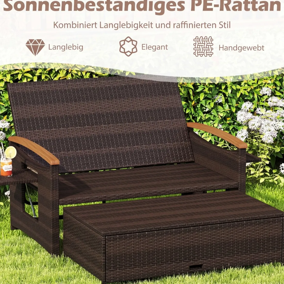 3 in 1 Rattan Lounge Möbel Set Doppelliege Tagesbett mit Liegefunktion 2 Sitzer & Hocker