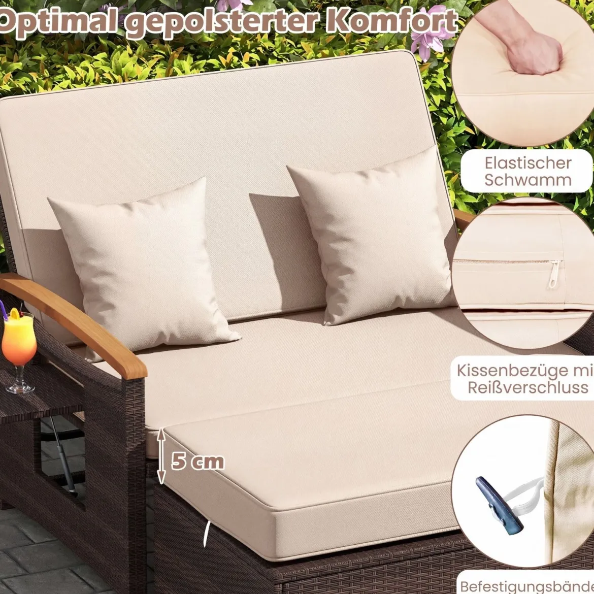 3 in 1 Rattan Lounge Möbel Set Doppelliege Tagesbett mit Liegefunktion 2 Sitzer & Hocker