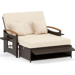 3 in 1 Rattan Lounge Möbel Set Doppelliege Tagesbett mit Liegefunktion 2 Sitzer & Hocker