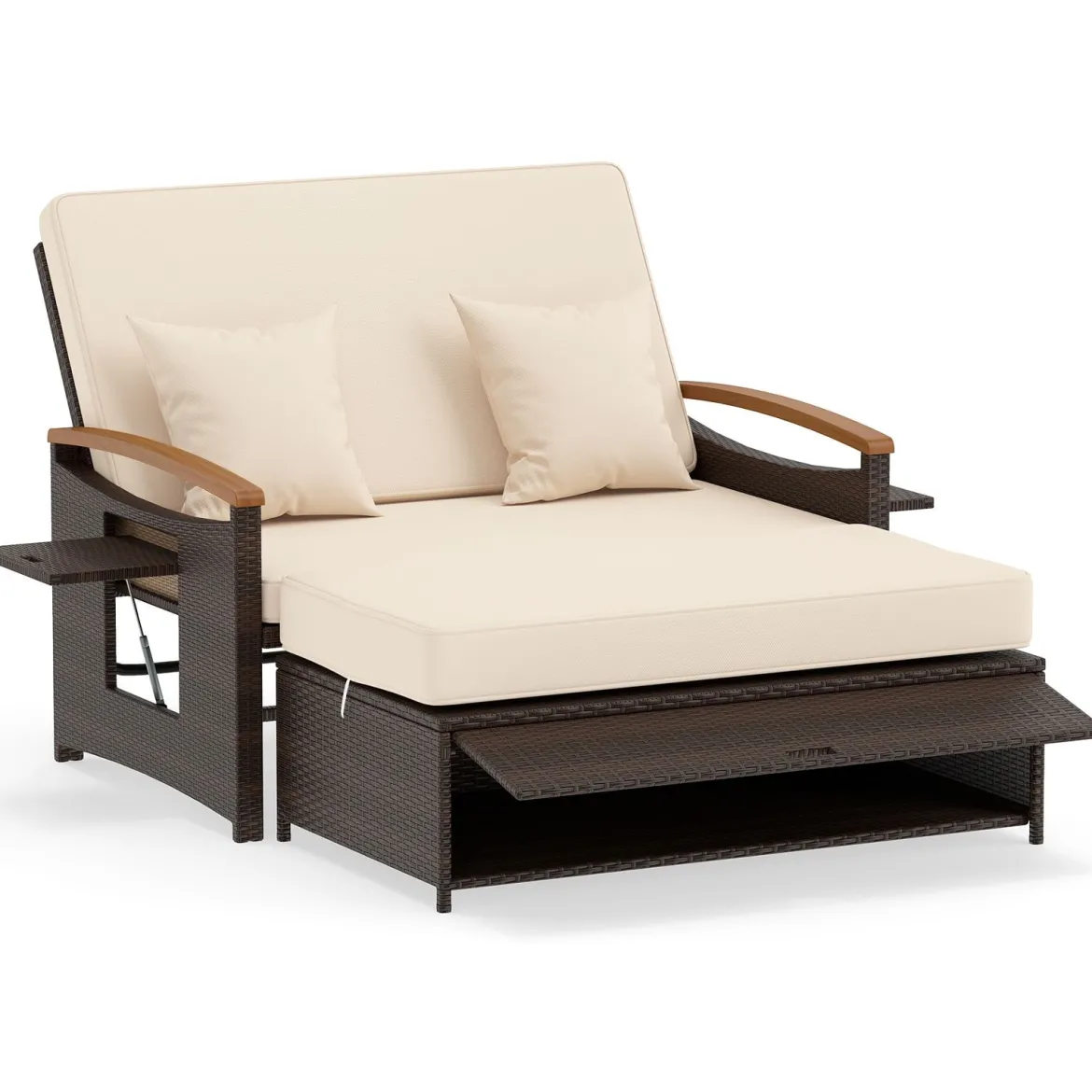 3 in 1 Rattan Lounge Möbel Set Doppelliege Tagesbett mit Liegefunktion 2 Sitzer & Hocker