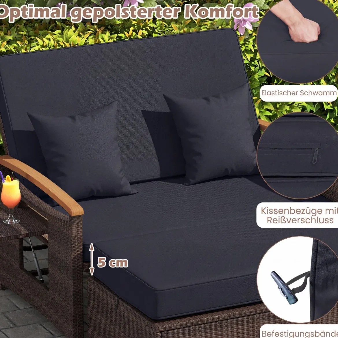 3 in 1 Rattan Lounge Möbel Set Doppelliege Tagesbett mit Liegefunktion 2 Sitzer & Hocker