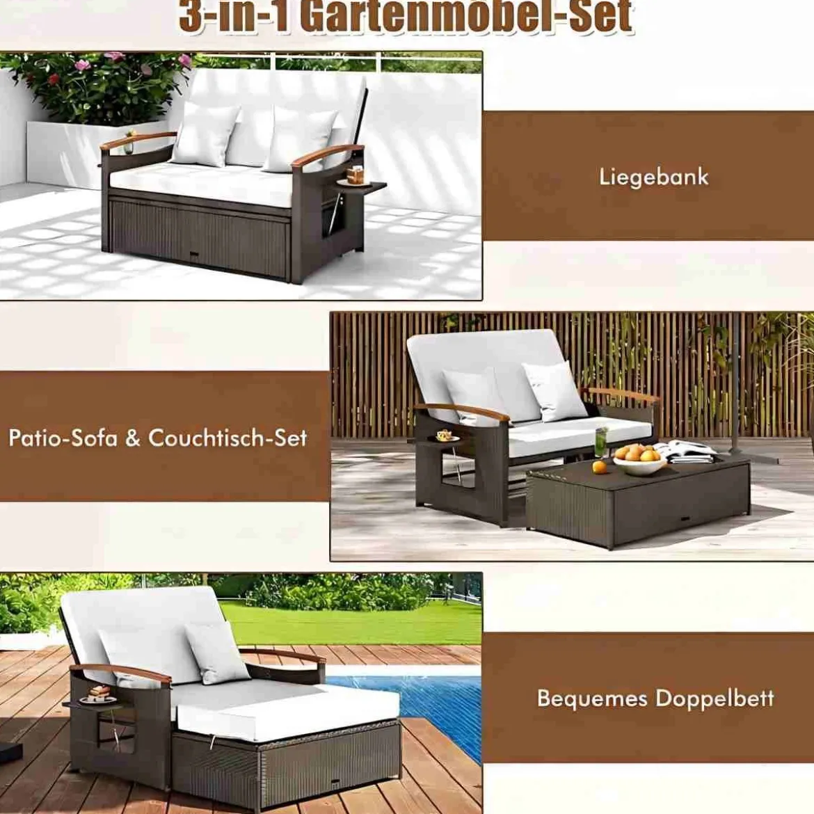 3 in 1 Rattan Lounge Möbel Set Doppelliege Tagesbett mit Liegefunktion 2 Sitzer & Hocker