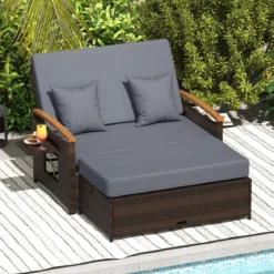 3 in 1 Rattan Lounge Möbel Set Doppelliege Tagesbett mit Liegefunktion 2 Sitzer & Hocker