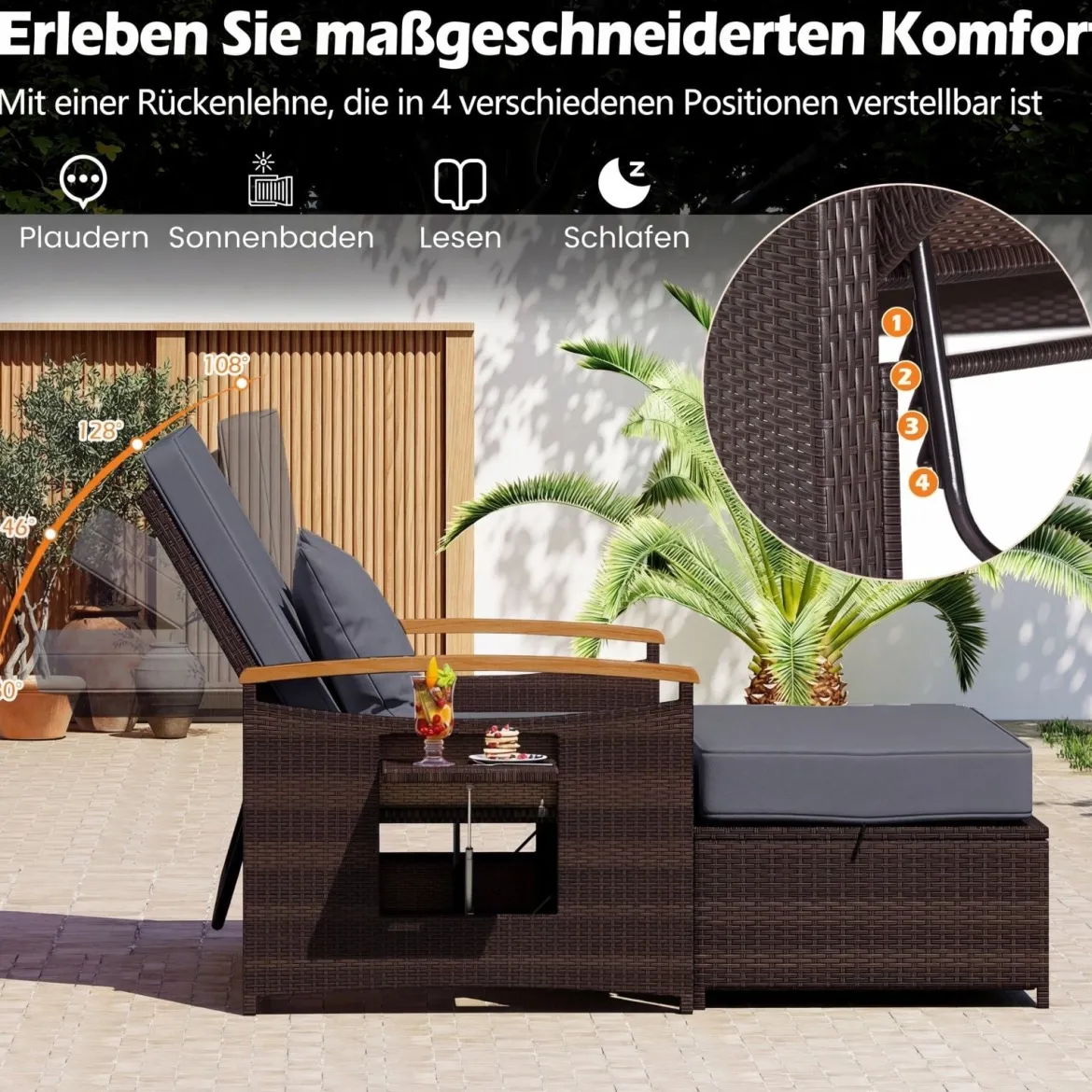 3 in 1 Rattan Lounge Möbel Set Doppelliege Tagesbett mit Liegefunktion 2 Sitzer & Hocker