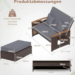 3 in 1 Rattan Lounge Möbel Set Doppelliege Tagesbett mit Liegefunktion 2 Sitzer & Hocker