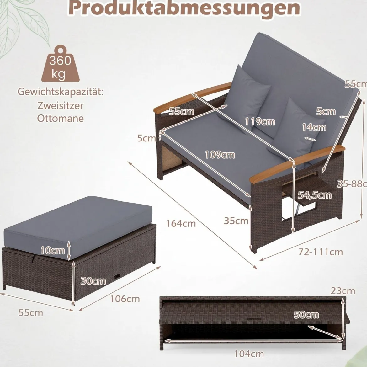 3 in 1 Rattan Lounge Möbel Set Doppelliege Tagesbett mit Liegefunktion 2 Sitzer & Hocker