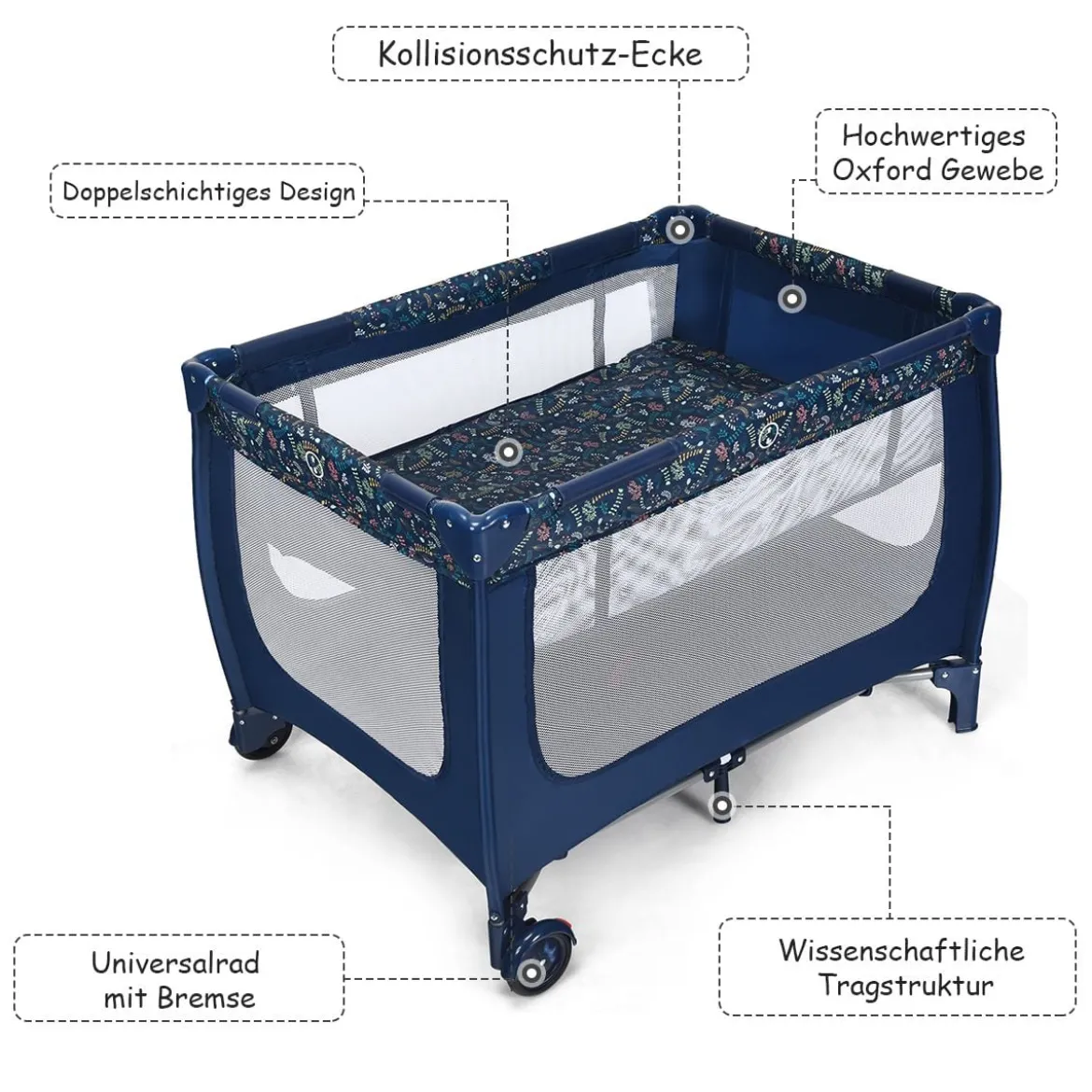 2 in 1 Reisebett & Laufstall Klappbar Kinderbett 125 x 65 x 76 cm Blau