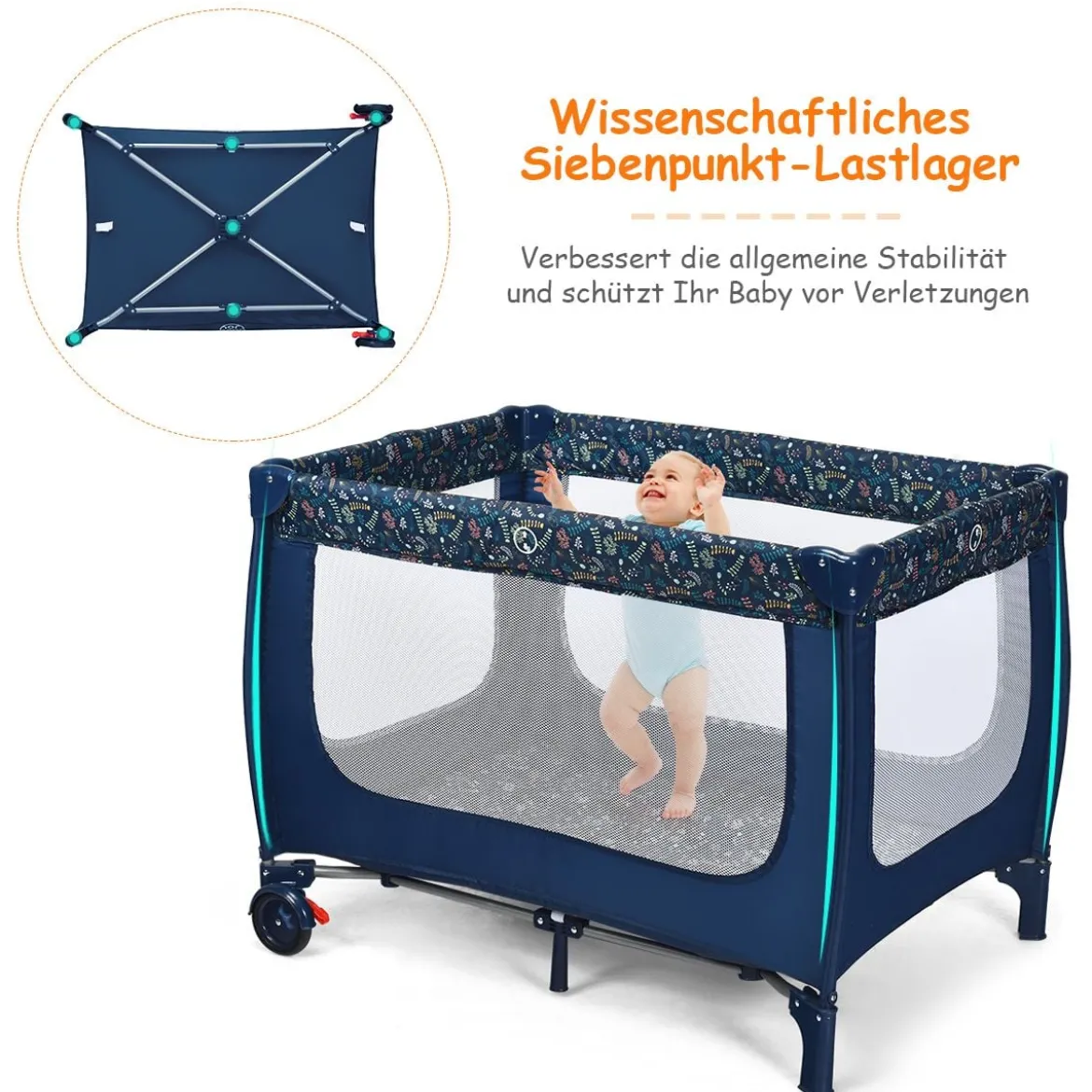 2 in 1 Reisebett & Laufstall Klappbar Kinderbett 125 x 65 x 76 cm Blau