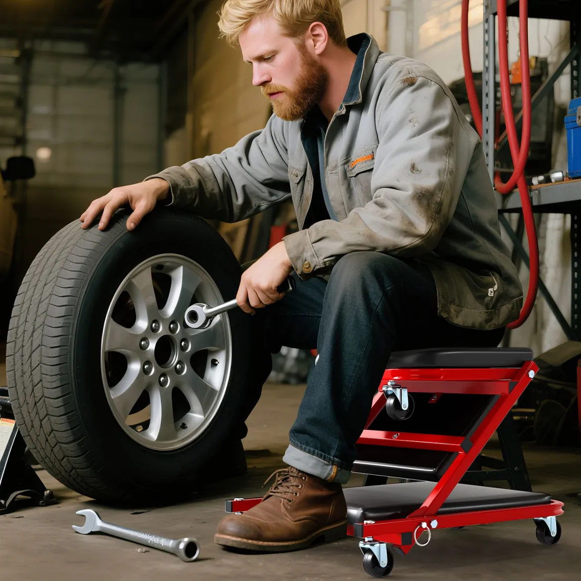 2 in 1 Rollbrett Werkstatt Montagerollbrett mit 6 Rollen & gepolstertem Sitz bis 150 kg Belastbar Schwarz
