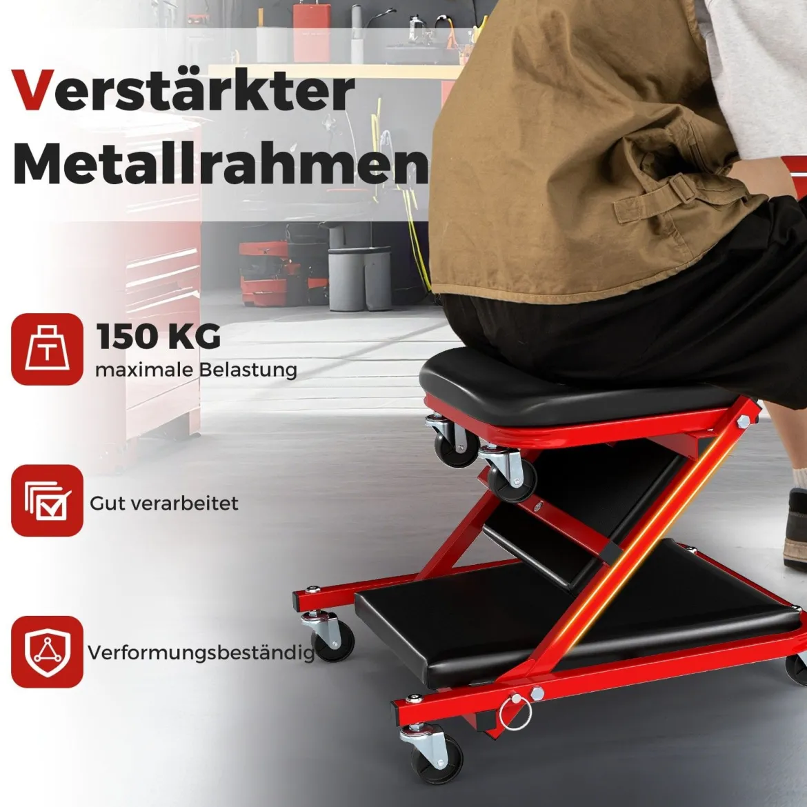 2 in 1 Rollbrett Werkstatt Montagerollbrett mit 6 Rollen & gepolstertem Sitz bis 150 kg Belastbar Schwarz