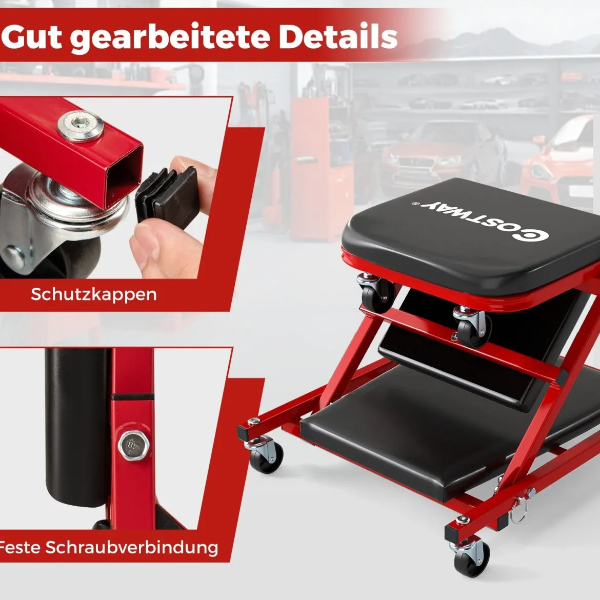 2 in 1 Rollbrett Werkstatt Montagerollbrett mit 6 Rollen & gepolstertem Sitz bis 150 kg Belastbar Schwarz