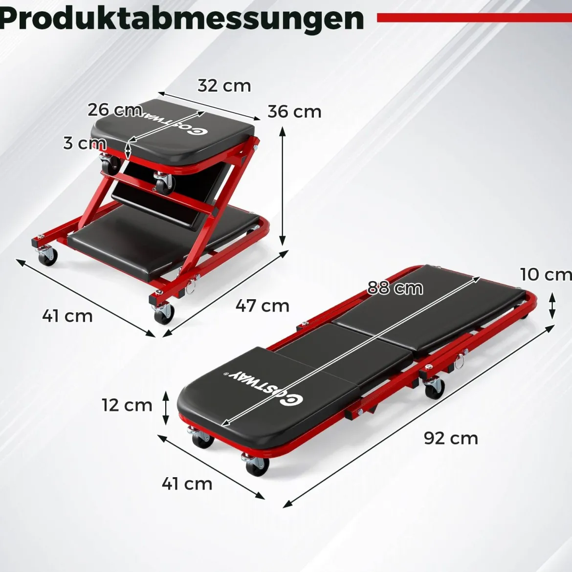 2 in 1 Rollbrett Werkstatt Montagerollbrett mit 6 Rollen & gepolstertem Sitz bis 150 kg Belastbar Schwarz