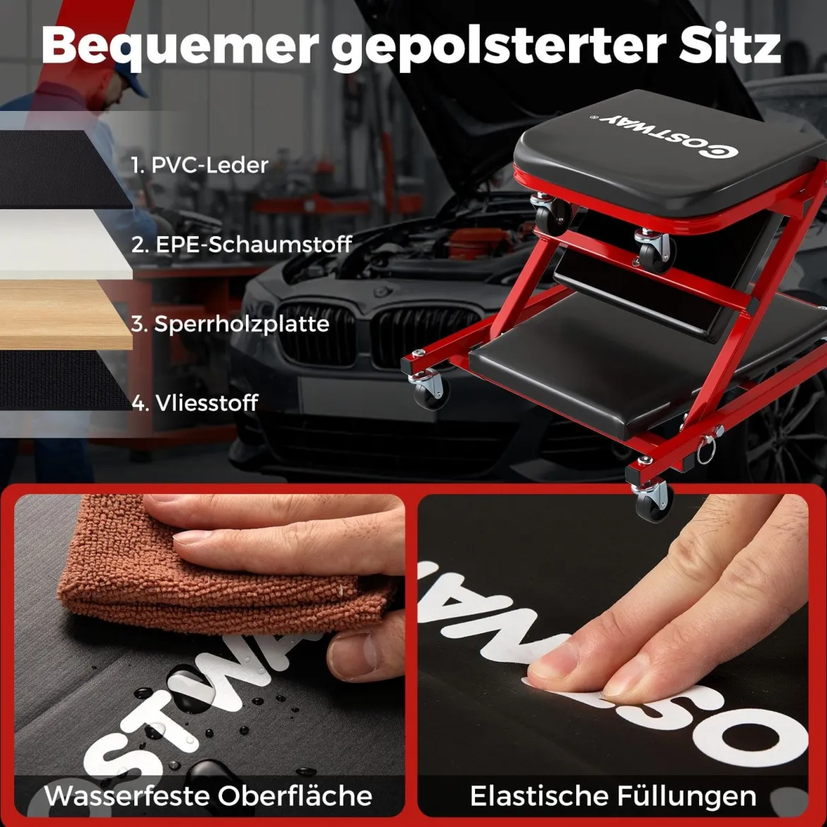 2 in 1 Rollbrett Werkstatt Montagerollbrett mit 6 Rollen & gepolstertem Sitz bis 150 kg Belastbar Schwarz