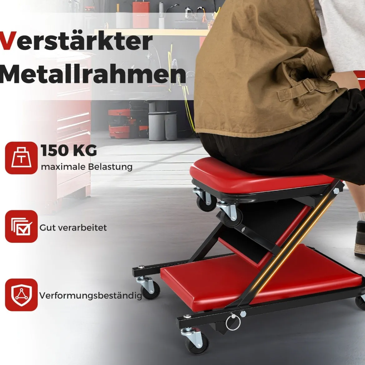 2 in 1 Rollbrett Werkstatt Montagerollbrett mit 6 Rollen & Gepolstertem Sitz bis 150 kg Belastbar Rot