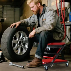 2 in 1 Rollbrett Werkstatt Montagerollbrett mit 6 Rollen & Gepolstertem Sitz bis 150 kg Belastbar Rot