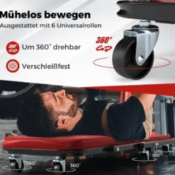 2 in 1 Rollbrett Werkstatt Montagerollbrett mit 6 Rollen & Gepolstertem Sitz bis 150 kg Belastbar Rot