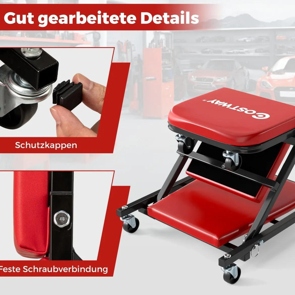 2 in 1 Rollbrett Werkstatt Montagerollbrett mit 6 Rollen & Gepolstertem Sitz bis 150 kg Belastbar Rot