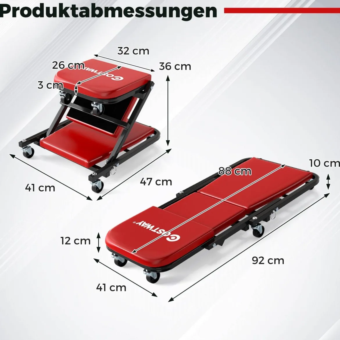 2 in 1 Rollbrett Werkstatt Montagerollbrett mit 6 Rollen & Gepolstertem Sitz bis 150 kg Belastbar Rot