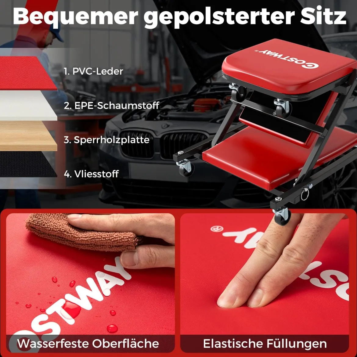 2 in 1 Rollbrett Werkstatt Montagerollbrett mit 6 Rollen & Gepolstertem Sitz bis 150 kg Belastbar Rot