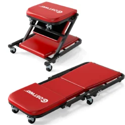 2 in 1 Rollbrett Werkstatt Montagerollbrett mit 6 Rollen & Gepolstertem Sitz bis 150 kg Belastbar Rot