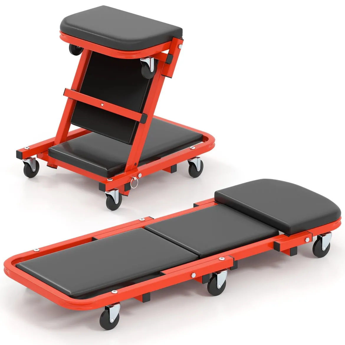 2 in 1 Rollbrett Werkstatt Montagerollbrett mit 6 Rollen & Gepolstertem Sitz bis 160 kg Belastbar Schwarz