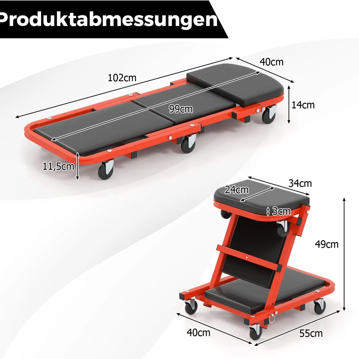 2 in 1 Rollbrett Werkstatt Montagerollbrett mit 6 Rollen & Gepolstertem Sitz bis 160 kg Belastbar Schwarz