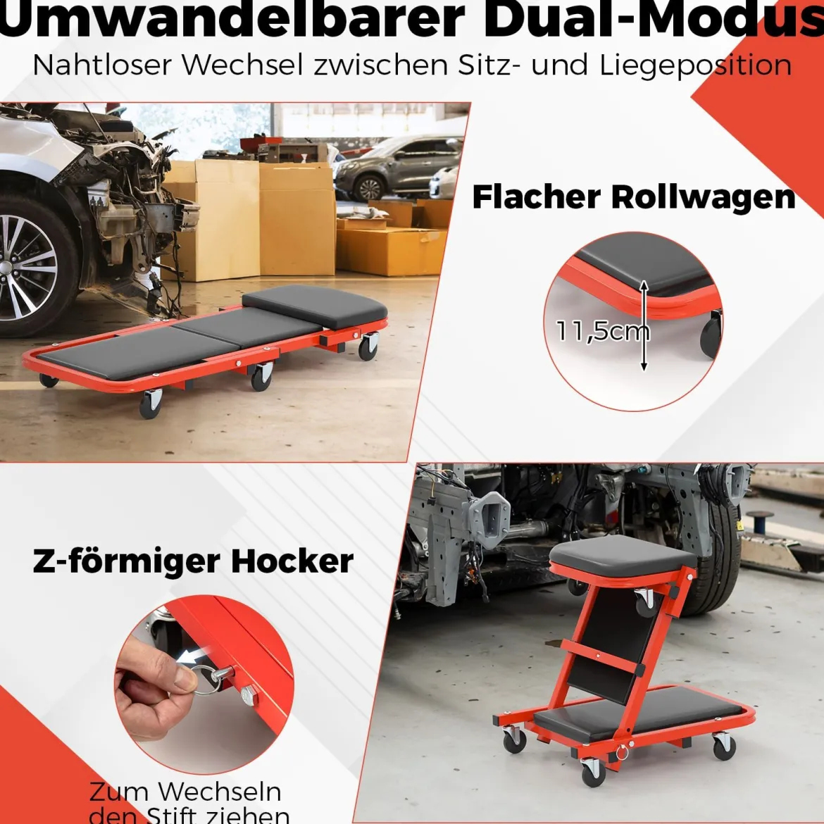 2 in 1 Rollbrett Werkstatt Montagerollbrett mit 6 Rollen & Gepolstertem Sitz bis 160 kg Belastbar Schwarz