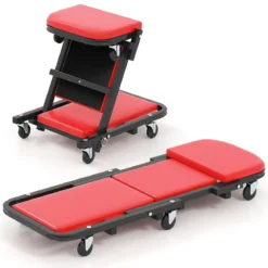2 in 1 Rollbrett Werkstatt Montagerollbrett mit 6 Rollen & Gepolstertem Sitz bis 160 kg Belastbar Rot