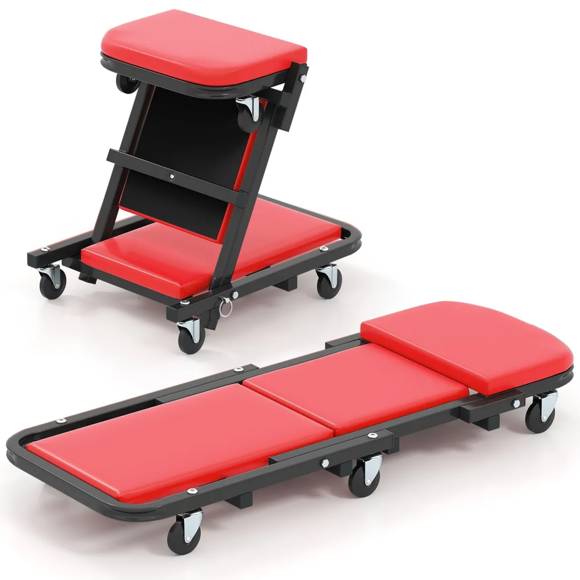2 in 1 Rollbrett Werkstatt Montagerollbrett mit 6 Rollen & Gepolstertem Sitz bis 160 kg Belastbar Rot