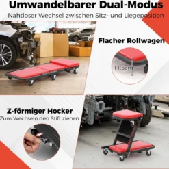 2 in 1 Rollbrett Werkstatt Montagerollbrett mit 6 Rollen & Gepolstertem Sitz bis 160 kg Belastbar Rot